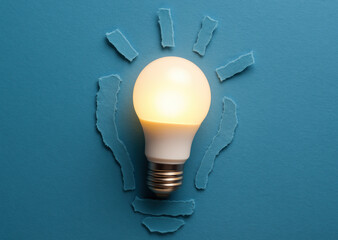 Poster - A glowing LED bulb illuminates a textured blue background with torn paper edges symbolizing innovation and bright ideas in a business context