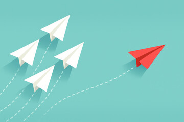 Poster - This minimalistic scene conveys leadership and innovation as a single red paper airplane diverges from a group white ones symbolizing strategic direction and progress in business