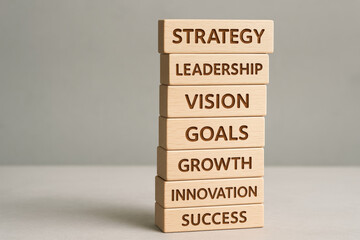 Poster - A wooden block tower illustrates the foundational business values strategic planning visionary leadership goal setting and sustainable growth driving innovation and success