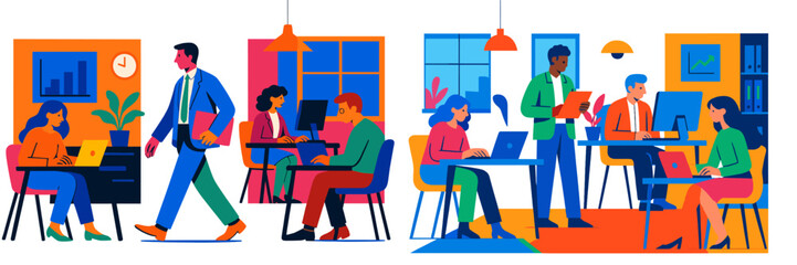Poster - Colorful modern office environment with diverse professionals collaborating and working at desks during the day