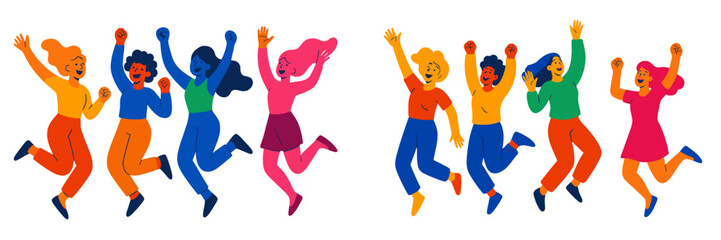 Poster - Diverse group of people celebrating joyfully and enthusiastically in a bright and colorful environment during a festive gathering