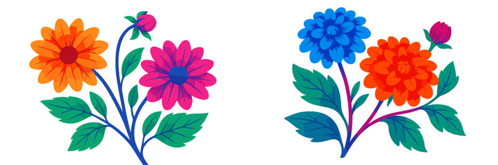 Poster - Colorful flower illustrations featuring vibrant blooms and green leaves in a lively, artistic style