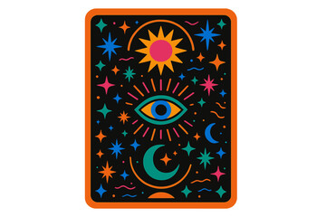 Aufkleber - Colorful cosmic design showcasing stars, moons, and an eye, evoking a sense of mystery and wonder in a vibrant and artistic manner