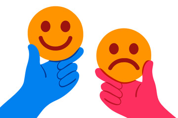 Aufkleber - Joy and sadness represented through colorful hand illustrations holding emoticons during a creative session