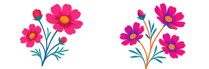 Poster - Brightly colored floral illustrations featuring vibrant pink flowers and green stems on a plain background