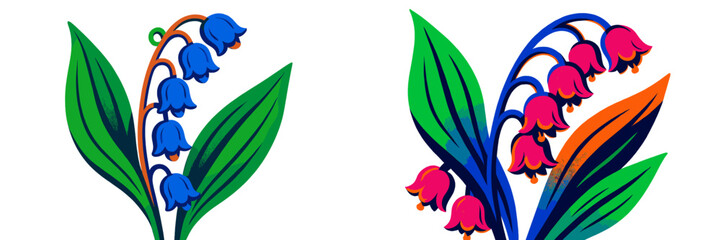 Poster - Colorful illustration of bell flowers with vibrant leaves in a stylized design