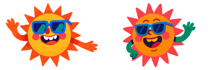 Poster - Bright, colorful cartoon suns with sunglasses expressing joy and happiness in a playful design against a white background