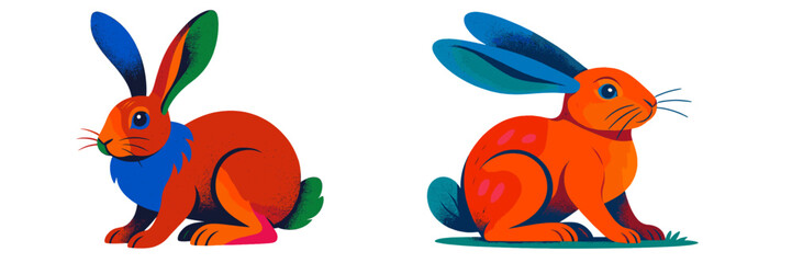 Aufkleber - Bright and colorful cartoon rabbits in a playful pose set against a white background, highlighting their vibrant designs