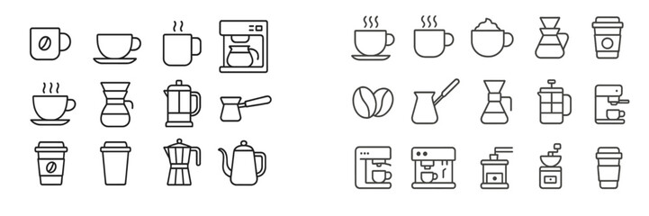 Poster - Collection of coffee-related icons featuring various cups, brewing methods, and equipment in a minimalist style