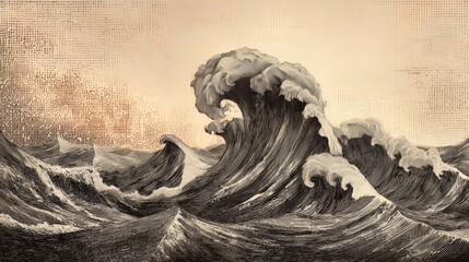 Poster - Stylized wave illustration with halftone dots and fading background, abstract marine concept combining ocean movement, graphic art, and retro pop aesthetics with a modern minimalist visual approach