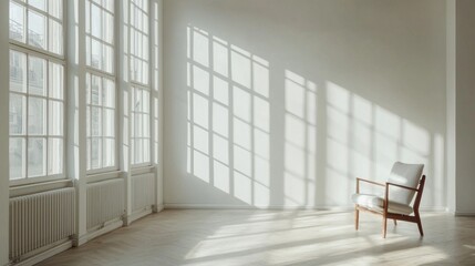 Fototapete - Modern Scandinavian minimalist living space with natural light and shadows highlighting an elegant chair