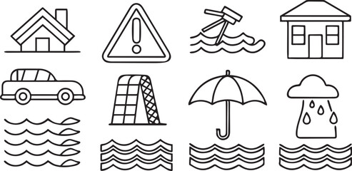 Poster - Flood Emergency Line Art Icon Set – Editable Disaster Relief and Water Damage Stroke Icons