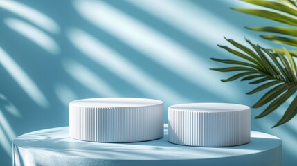 Aufkleber - Minimalist white round podium featuring ribbed design on a serene background with light shadows