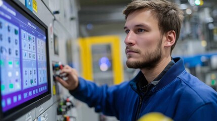 Poster - Technician operates control panel in modern industrial environment during daytime
