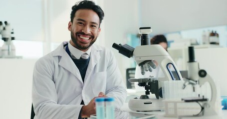 Aufkleber - Face, science and man with tablet, research and microscope for experiment, medical or smile. Portrait, person or scientist in workplace, biotech or study with forensic DNA expert, app or breakthrough