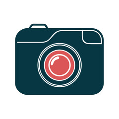 Poster - Classic camera icon in flat design with red lens and dark body  