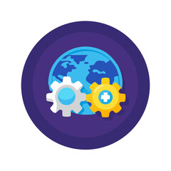 Poster - Colorful illustration of gears over a globe on a dark background  