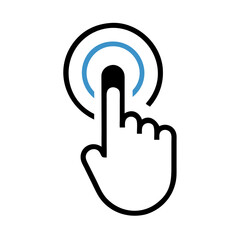 Poster - Hand tapping circular button with blue accent for interaction  