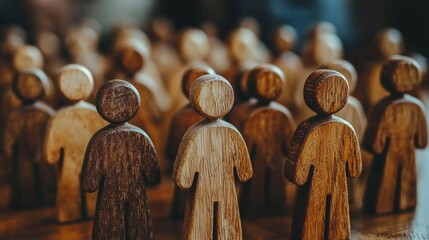 Poster - Businessman engaging with wooden figures during a team-building workshop in a corporate setting