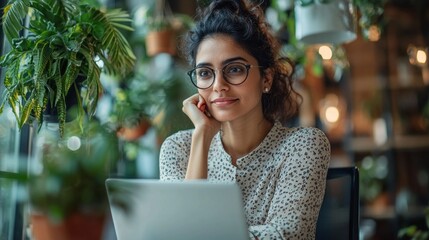 Poster - Indian businesswoman engaged in strategic planning at a modern workspace surrounded by greenery