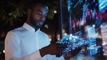 Poster - Man interacts with digital data display at night in urban setting showcasing technology and analytical skills