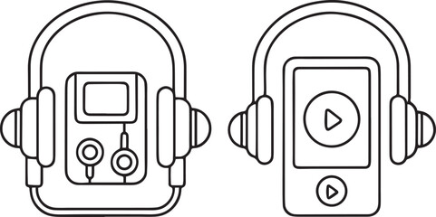 Fototapete - Music Player Icon Set Featuring MP3 Device with Headphones and Smartphone with Play Button for Audio and Entertainment