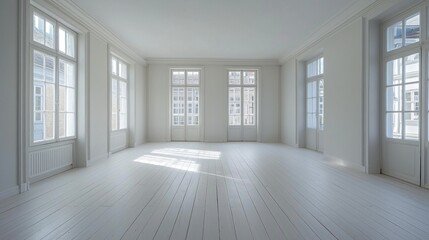 Fototapete - Bright and airy modern Scandinavian minimalist living space with natural light and white walls