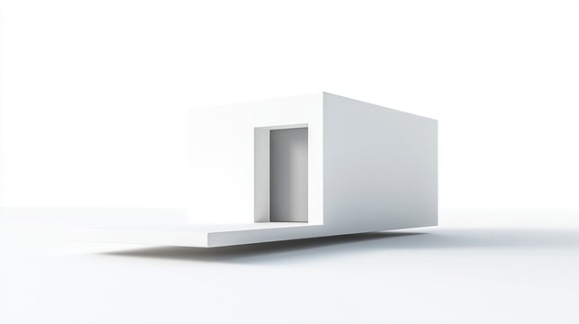 Minimalist rendering of a small, white, cube-shaped structure with a recessed doorway and a low, extending platform base, set against a stark white background