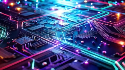 Poster - Close-up of a blue electronic circuit board with intricate pathways and components, representing advanced computer technology and digital engineering