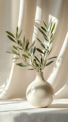 Poster - Modern summer still life featuring a beige vase with olive branches against soft fabric backdrop