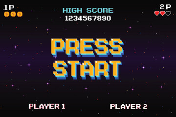 Aufkleber - PRESS START INSERT A COIN TO CONTINUE. pixel art. 8 bit game. retro game. for game assets .Retro Futurism Sci-Fi Background. glowing neon grid and stars from vintage arcade computer games