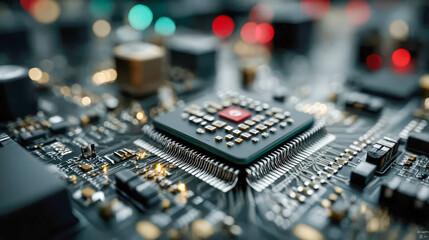 Poster - Close-up macro shot of a modern microchip on a circuit board, showcasing intricate electronic details and precise technology