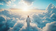 © Akash Tholiya - 3d, art and Jesus Christ in sky for heaven, hope and soul, resurrection and eternal life. He is risen, back and illustration of Christian God in clouds with open arms for spiritual, welcome or faith