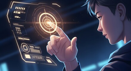 Poster - Futuristic Technology Interface Young Person Interacting with Holographic Display