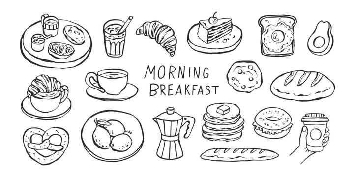 Morning breakfast and coffee doodle icons sketch collection. Hand drawn cafe food vector illustration.