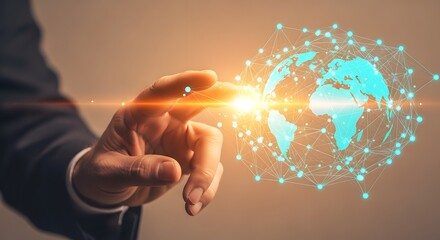 Poster - Global Network Connection Hand Interacting with Digital World Map