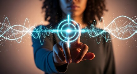 Poster - Woman Interacting with Futuristic Holographic Interface, Digital Technology Concept