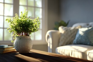 Poster - Bright indoor setting with a decorative plant on a wooden table near a cozy sofa during the day