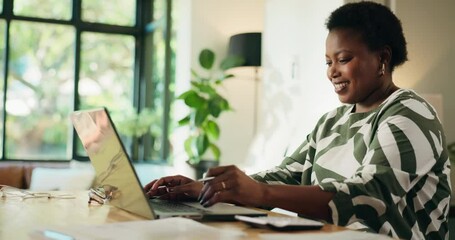 Poster - Finance, remote work and black woman on laptop with calculator for accounting, profit or budget. Computer, home and freelancer typing with tax invoice, bookkeeping and happy for positive cashflow