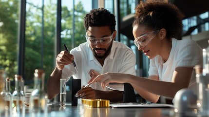Poster - chemistry students conducting experiments in a modern laboratory with natural light