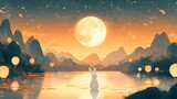 Chinese Mid-Autumn Festival illustrations featuring a full moon and a jade rabbit