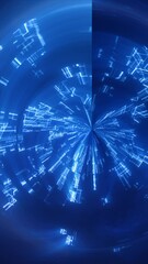 Poster - Futuristic blue tunnel of glowing rectangles and triangular particles radiating light