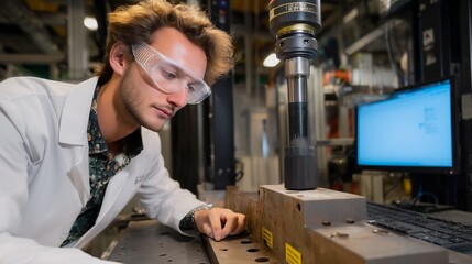 Poster - young scientist conducts experiment in laboratory during daytime, utilizing advanced equipment and t