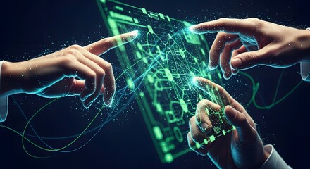Aufkleber - Interactive Futuristic Technology Hands Interacting with Holographic Interface