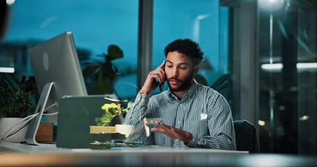 Poster - Phone call, night and advisor with business man for stock broker, virtual consultant and chat. Financial analyst, account manager and communication with person in office for as investment banker