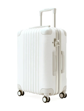 3D rendering of a modern suitcase with wheels and handle extended, isolated on white background for travel, tourism, or transportation use
