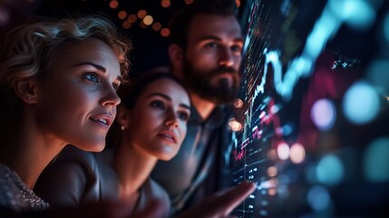 Poster - Professionals analyzing data trends during a nighttime business meeting in a modern urban office space