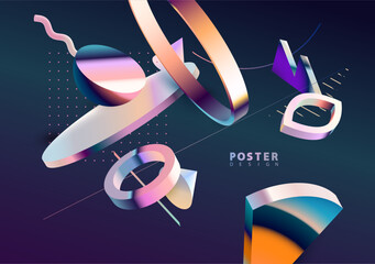 Fototapete - Glass 3D geometric shapes in retro style. Abstract vintage elements for graphic design.