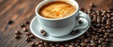 White cup, hot lungo coffee, roasted beans scattered on dark wood table,  aroma,  wood