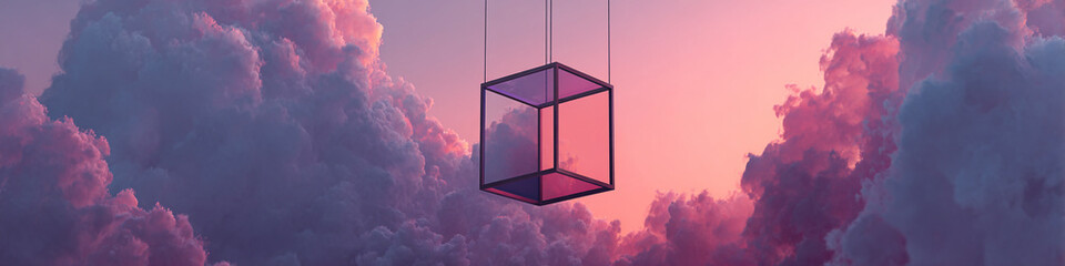 Poster - Geometric cube suspended against a backdrop of pink and purple clouds at sunset or sunrise